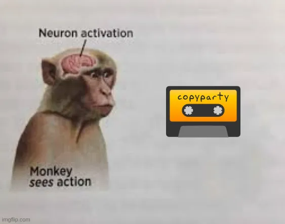 A meme image showing a mnokey looking at the copyparty logo, the monkey's brain has a label on it that says 'neuron activation'