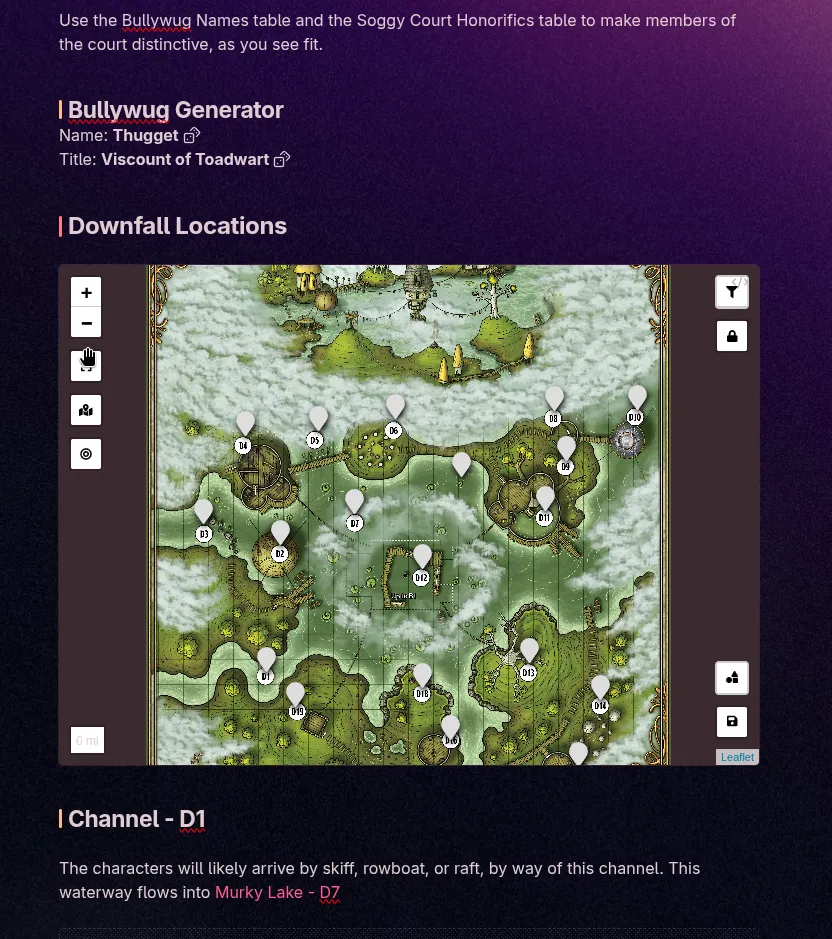 A screenshot of an Obsidian vault note with a Dungeons and Dragons map full of clickable links, and a random name generator for characters
