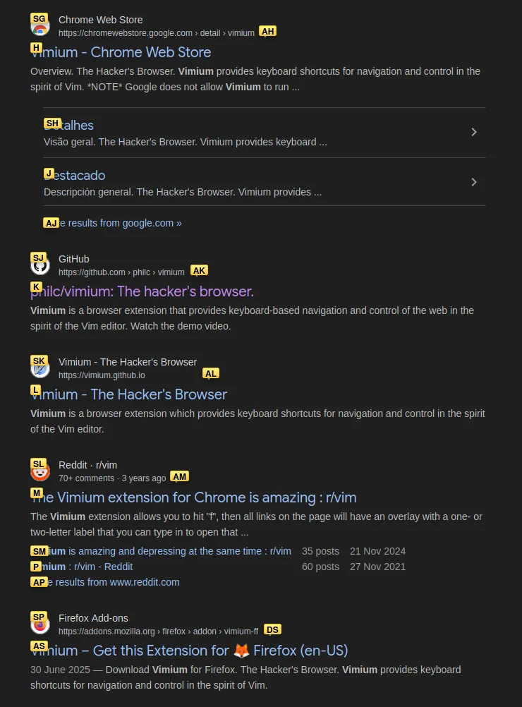 A screenshot of a google search, each search result has a highlighted shortcut consisting of 1-3 letters next to it, indicating that these key combinations can be pressed to open each result