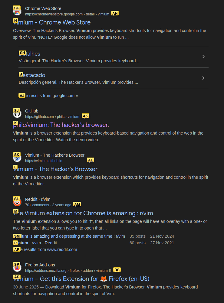 A screenshot of a google search, each search result has a highlighted shortcut consisting of 1-3 letters next to it, indicating that these key combinations can be pressed to open each result